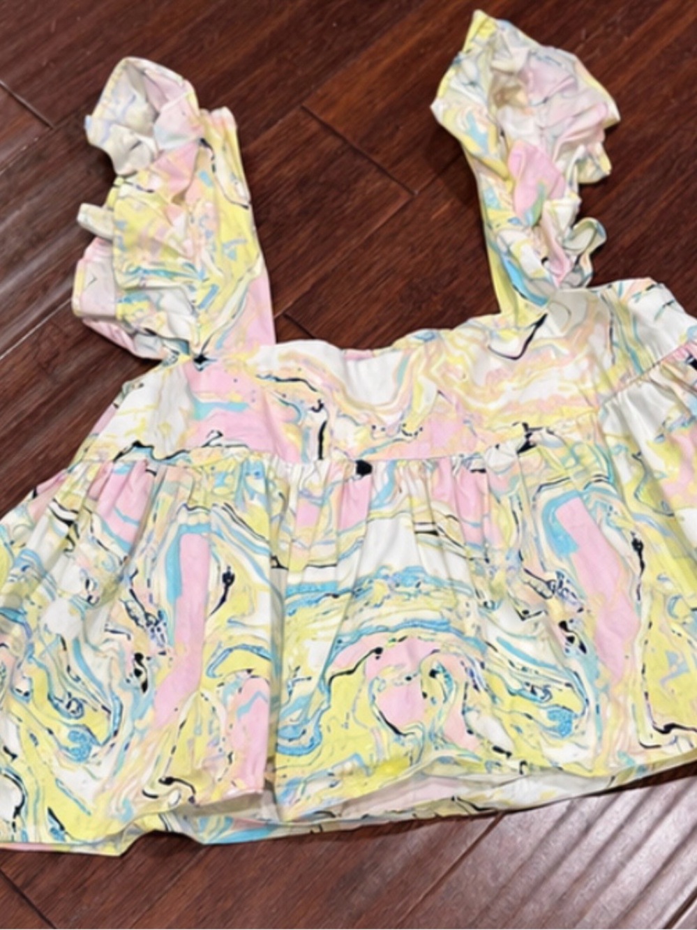Buddy Love Pastel Marble Ruffle Crop Top — Pink, Yellow, Blue, Cream